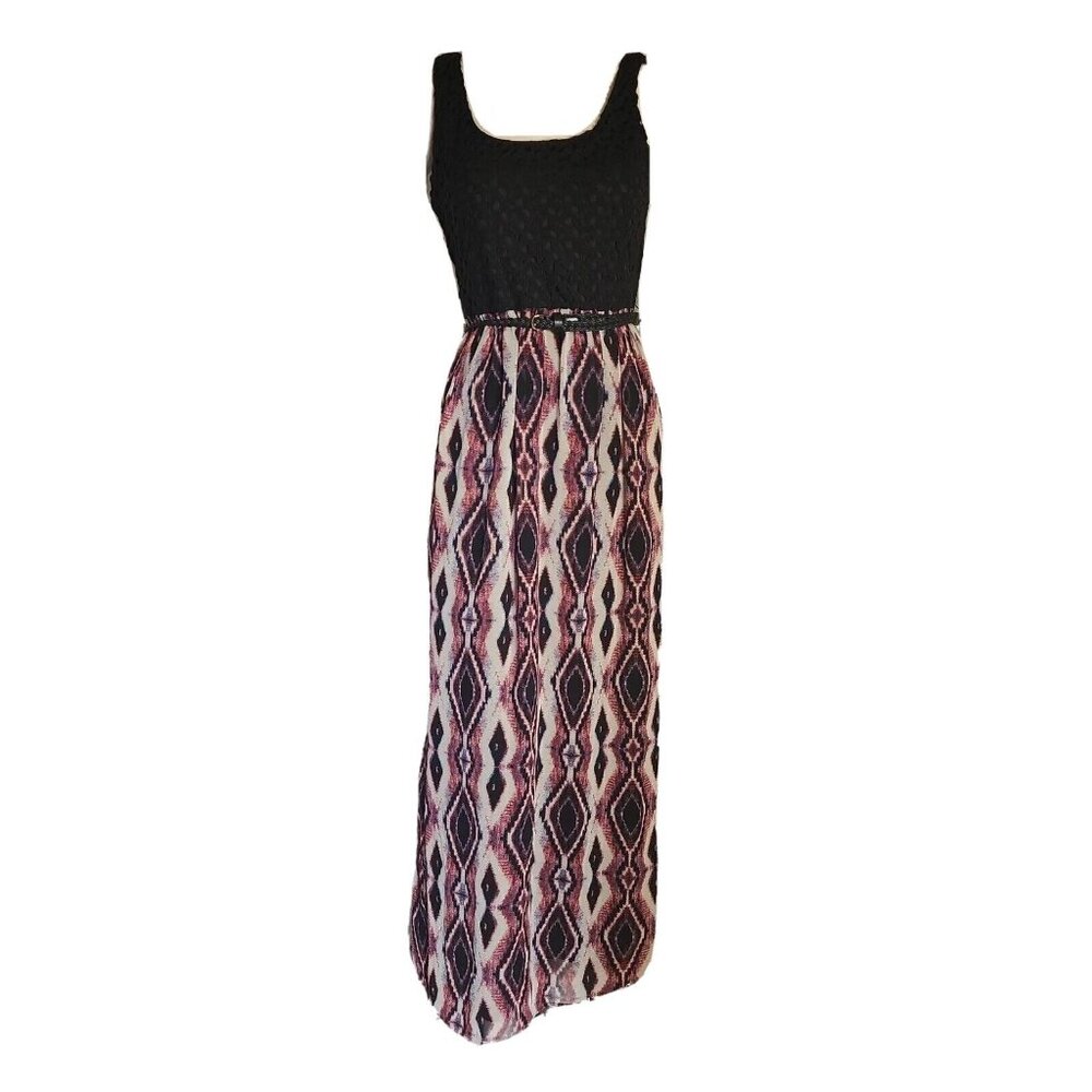 Lily Rose Dress Womens Size‎ M Medium Black Purple Chiffon Lined Belted Pullover